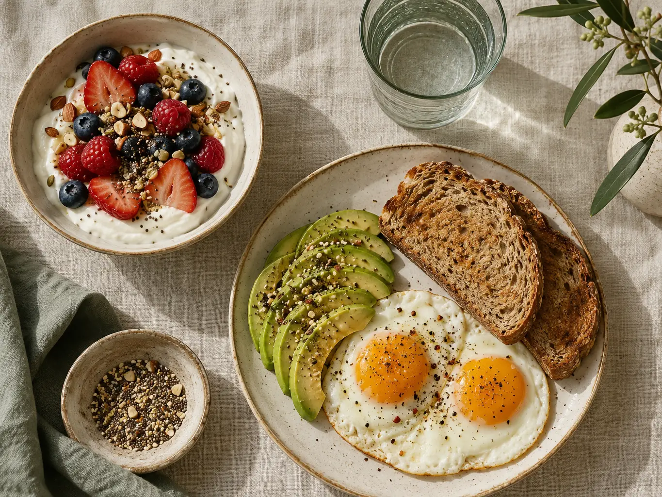 High-protein breakfast with yogurt, berries, eggs and toast