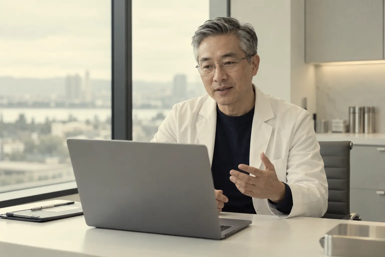 Physician talking with a patient on a laptop video call
