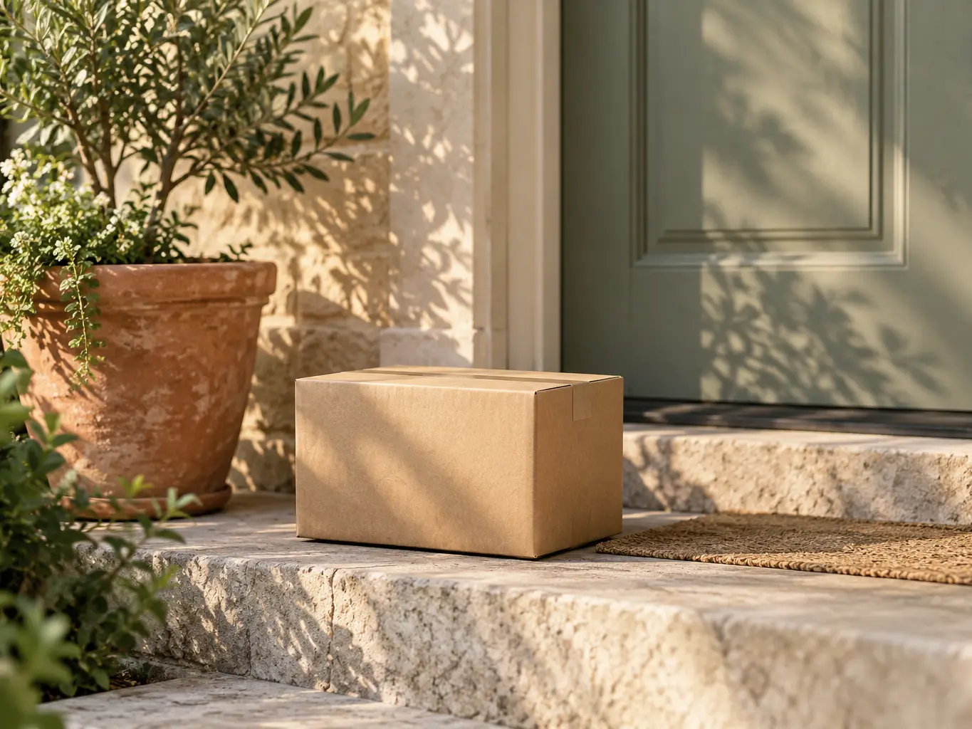 Plain shipping box on a sunny front step