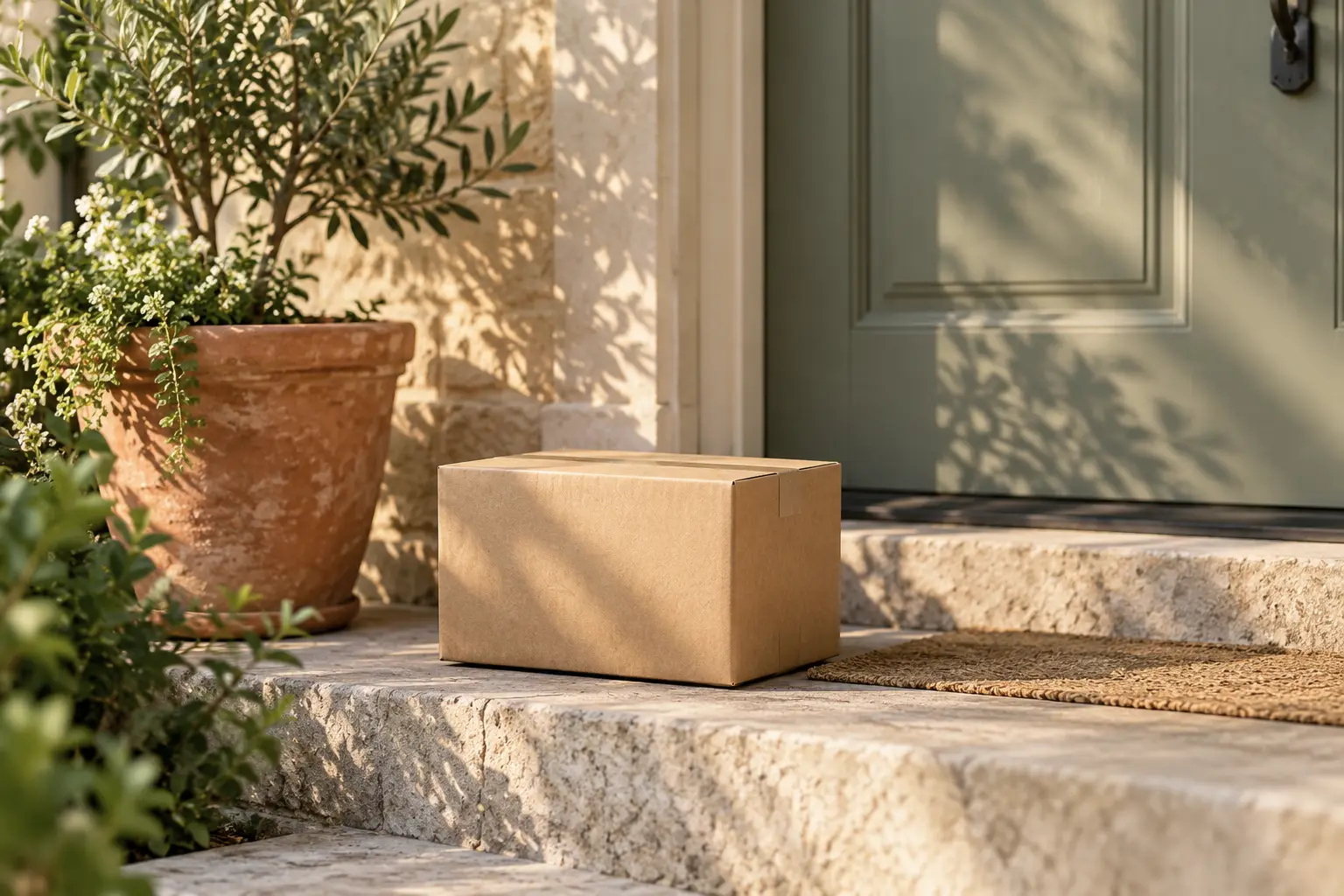 Plain shipping box on a sunny front step