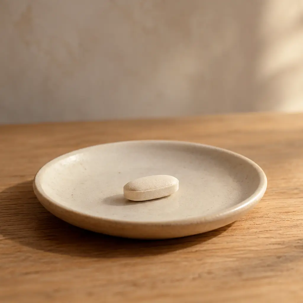 Single pale tablet on a small ceramic saucer