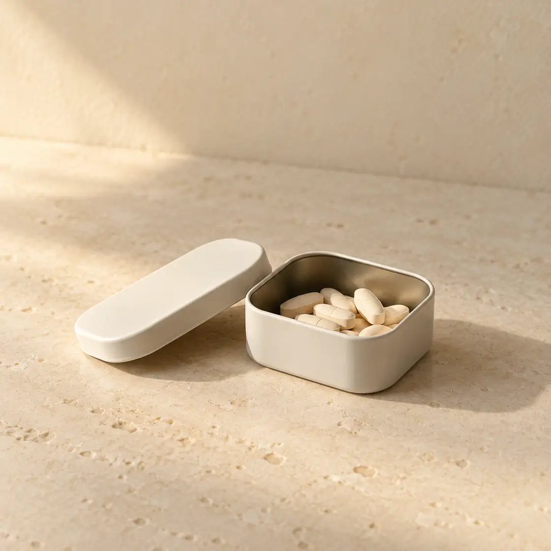 Small off-white pill tin with pale tablets on warm limestone