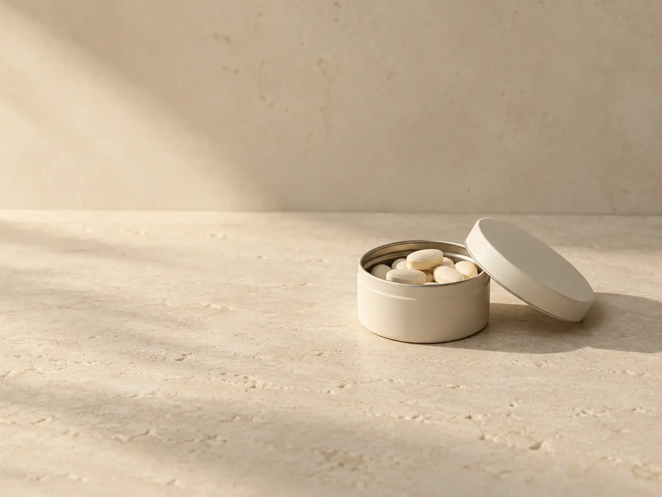 Small off-white pill tin with pale tablets on warm limestone