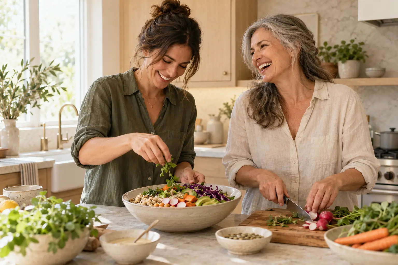 Two friends preparing a vegetable and grain bowl in a bright kitchen