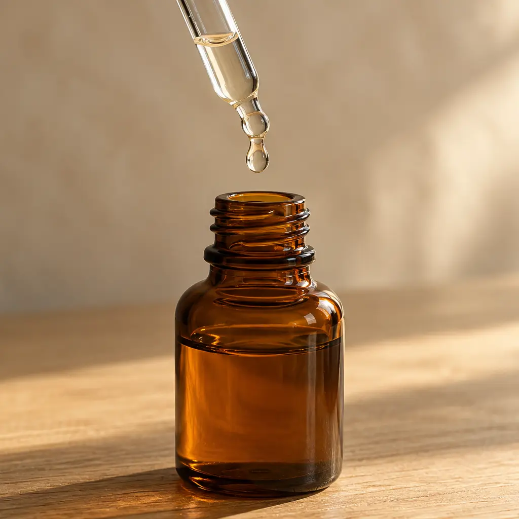 Glass dropper releasing a drop above an amber bottle