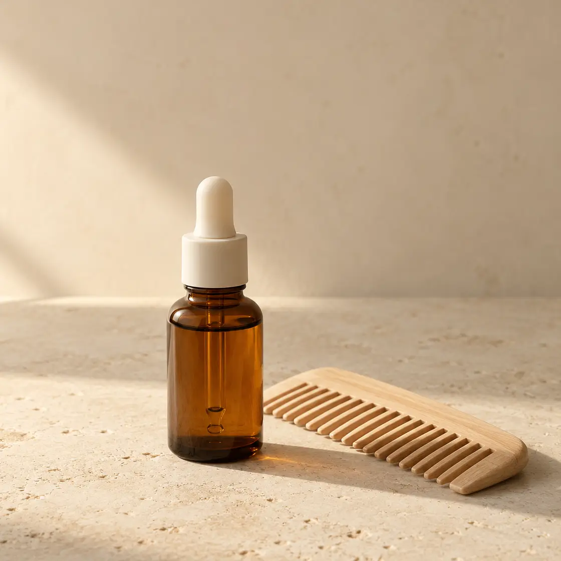 Amber dropper bottle beside a pale wooden comb on warm limestone