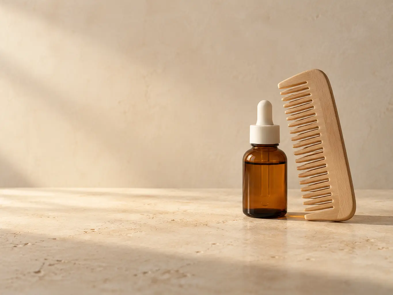 Amber dropper bottle beside a pale wooden comb on warm limestone