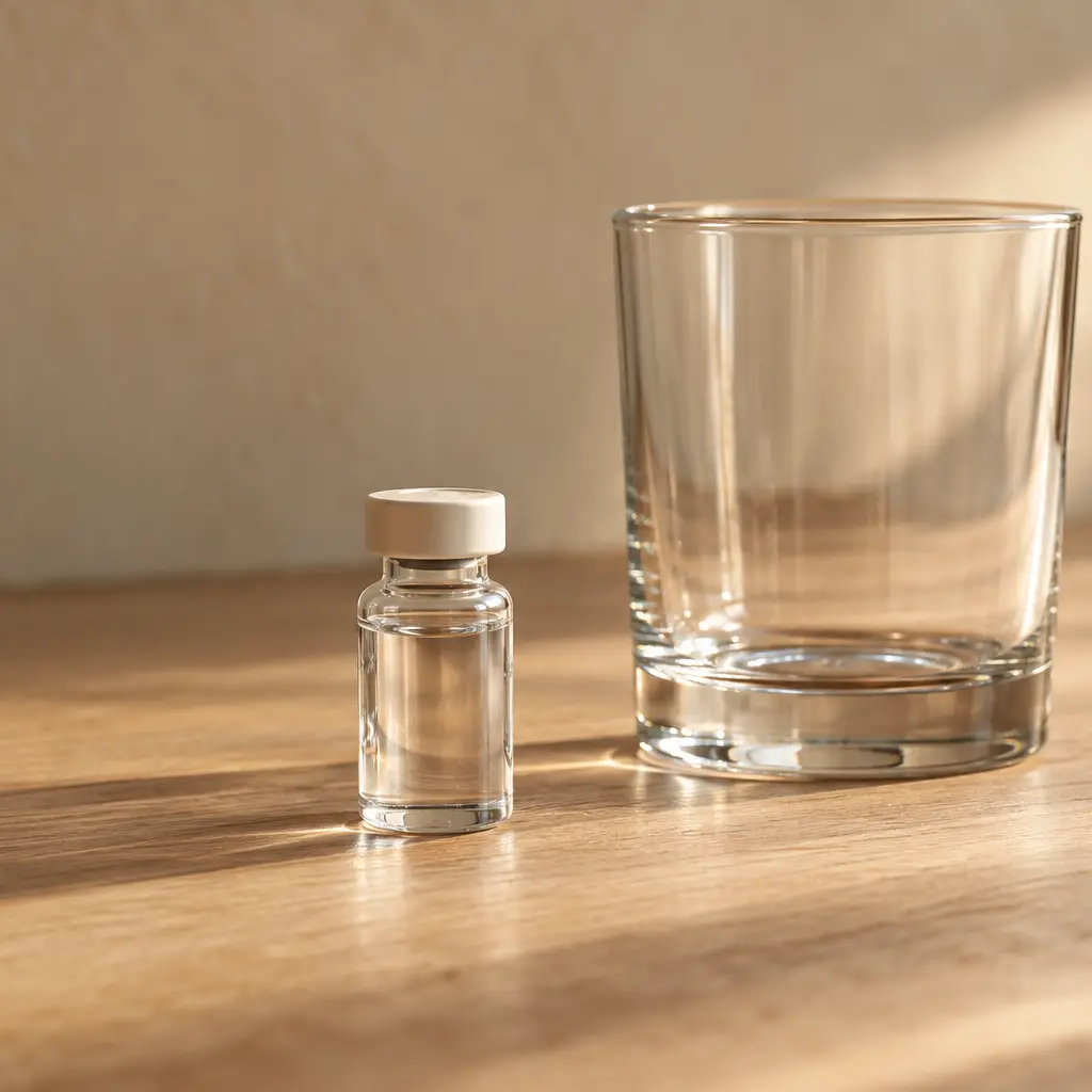 Small glass vial beside a glass of water