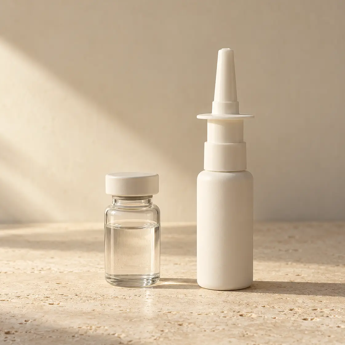 Small glass vial beside an off-white nasal spray bottle on warm limestone