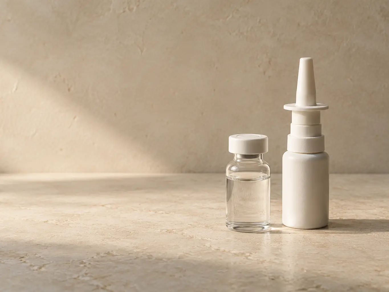 Small glass vial beside an off-white nasal spray bottle on warm limestone