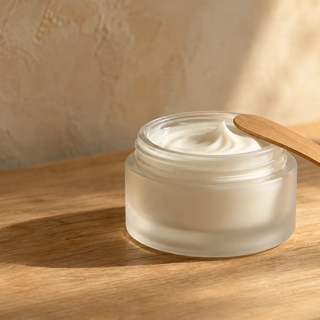 Open jar of white cream with a wooden spatula
