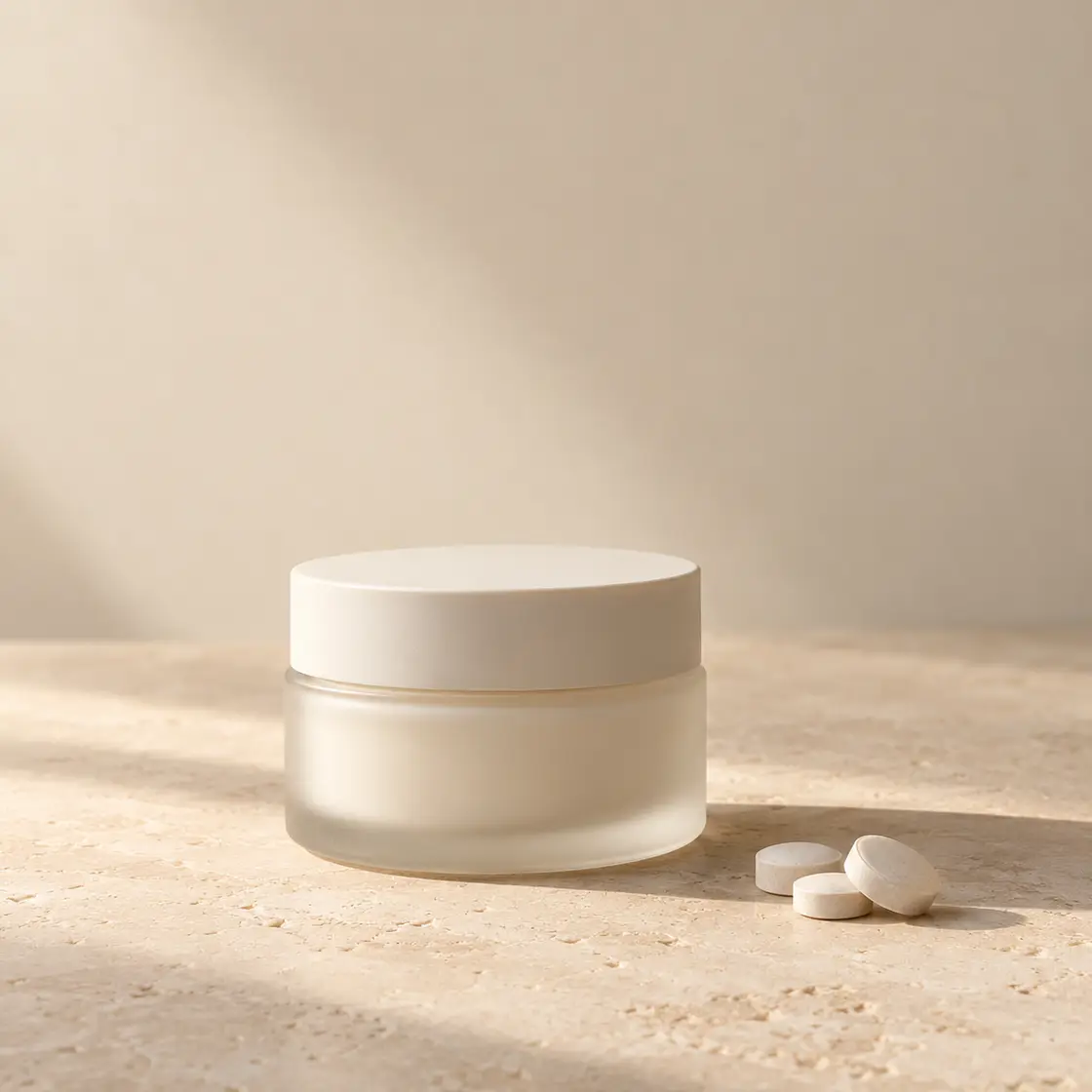 Frosted glass jar of cream beside small white tablets on warm limestone