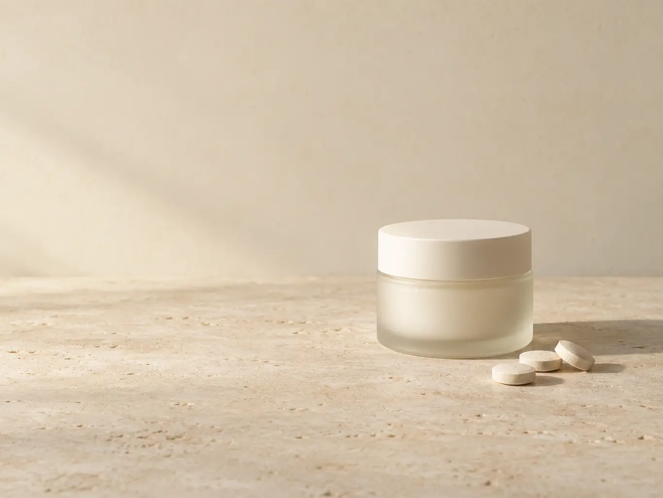 Frosted glass jar of cream beside small white tablets on warm limestone