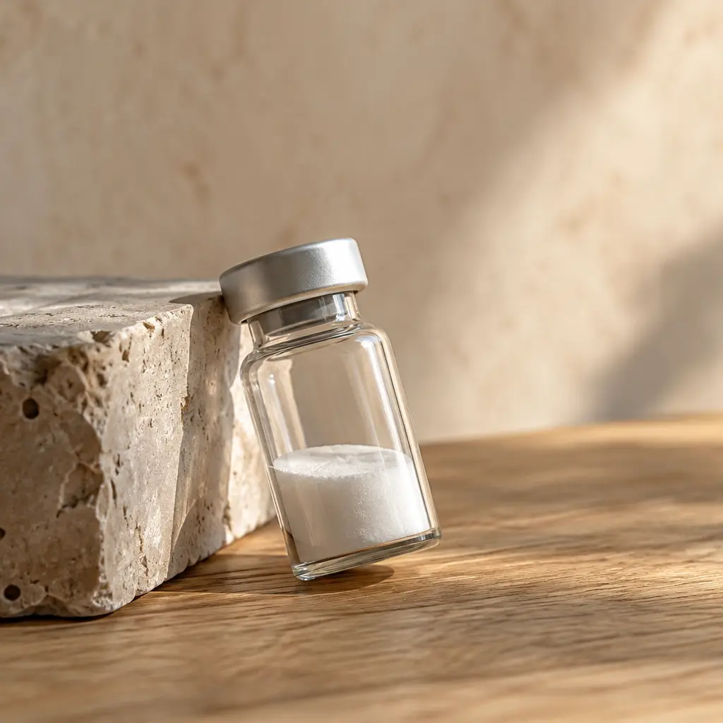 Glass vial of white freeze-dried powder leaning on a stone block