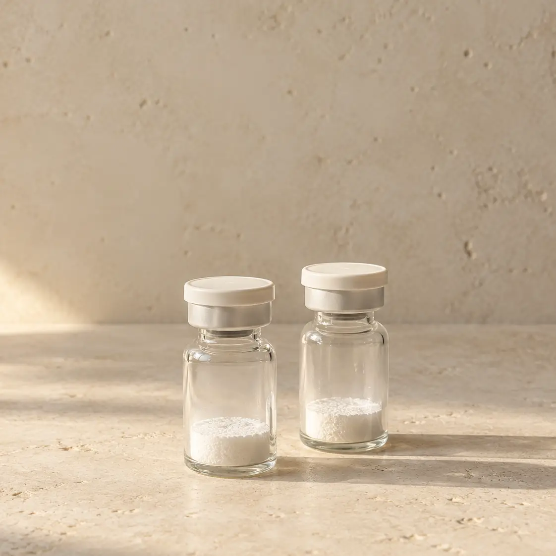 Two small glass vials of white freeze-dried powder on warm limestone