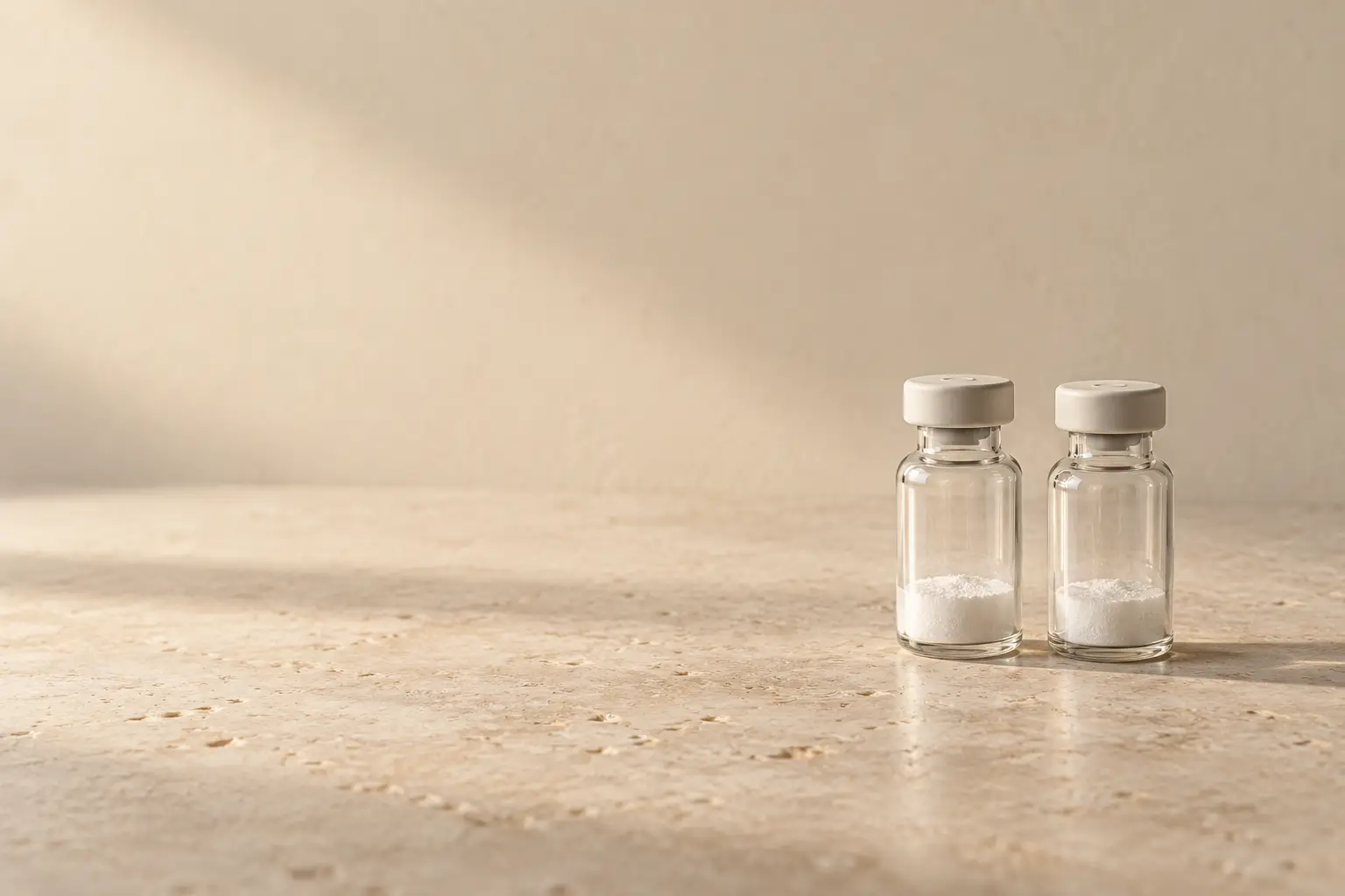 Two small glass vials of white freeze-dried powder on warm limestone