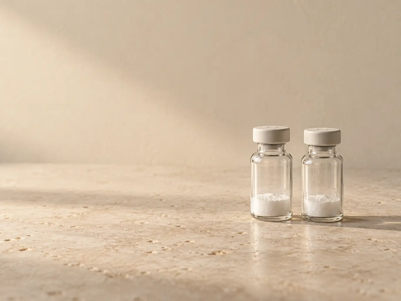 Two small glass vials of white freeze-dried powder on warm limestone