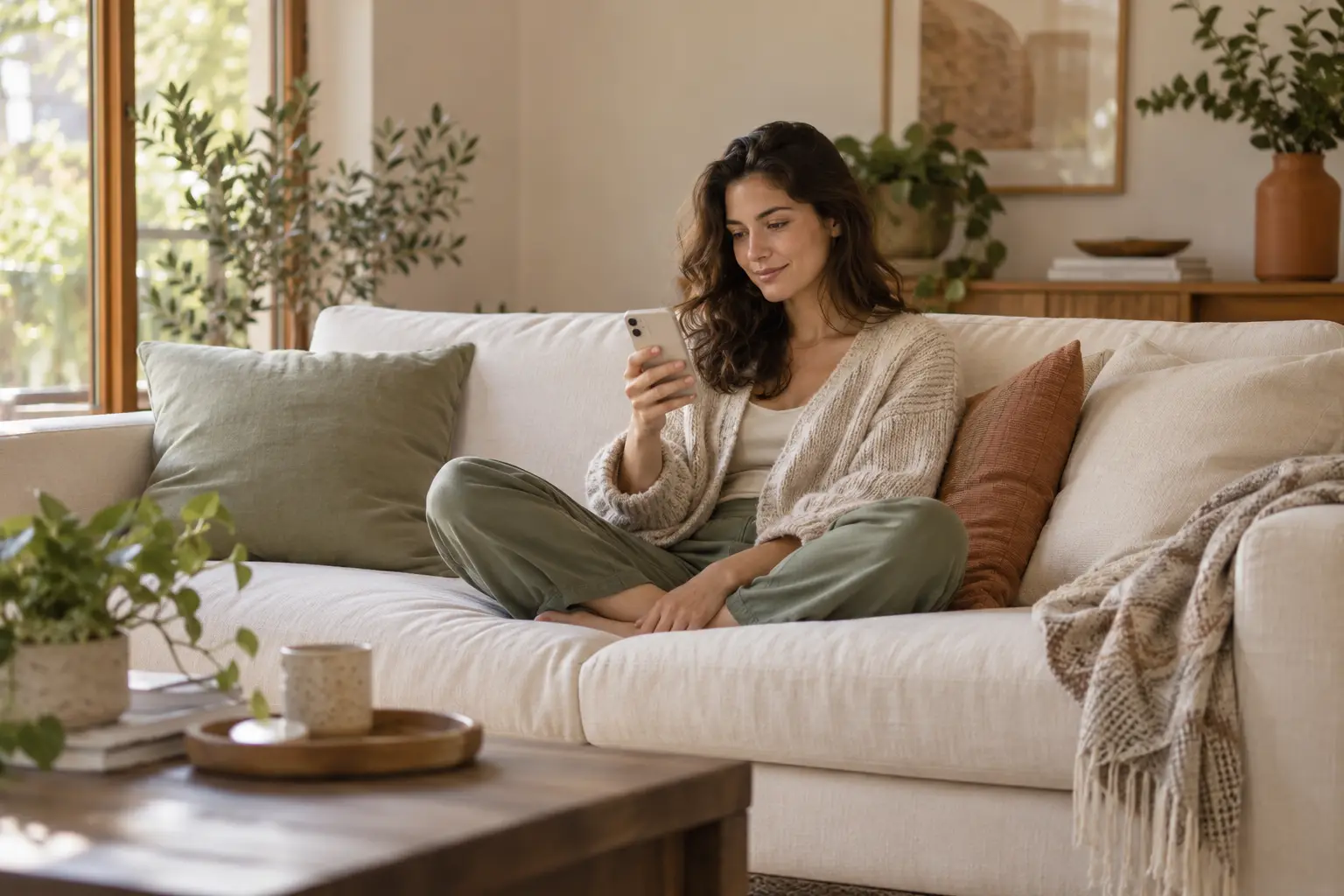 Woman reading on her phone on a cream sofa