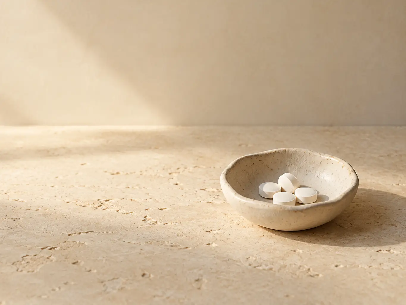 White tablets in a small ceramic dish on warm limestone
