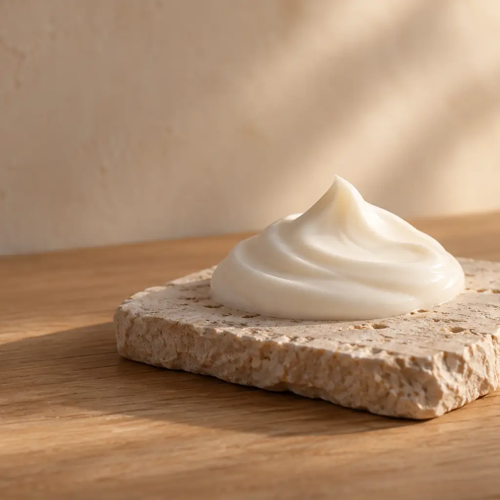 Swirl of white cream on a small stone slab