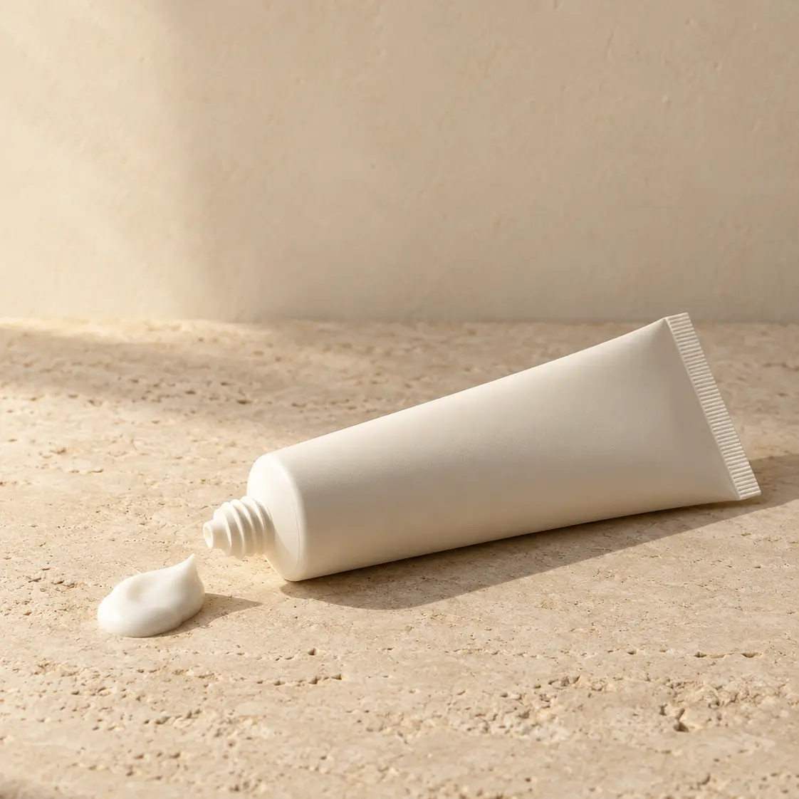Off-white tube of cream with a small dab beside it on warm limestone