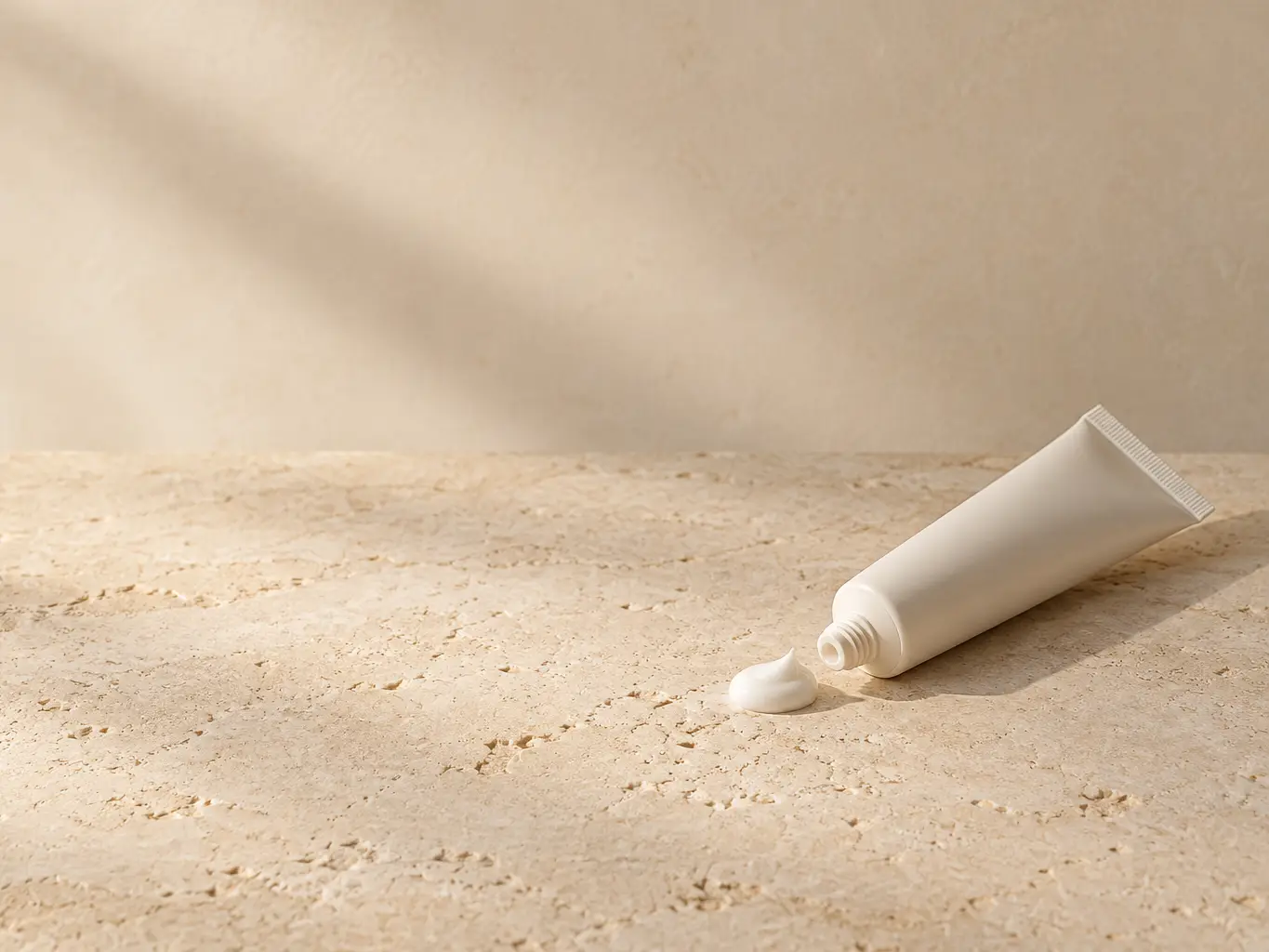 Off-white tube of cream with a small dab beside it on warm limestone