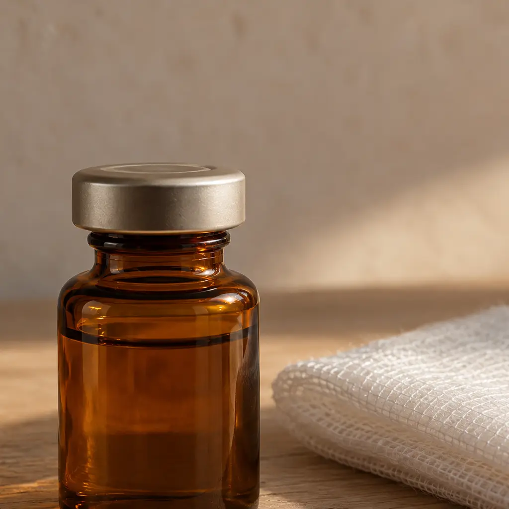 Amber medication vial beside a folded gauze square