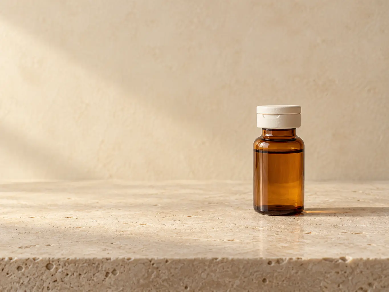 Small amber medication vial on warm limestone