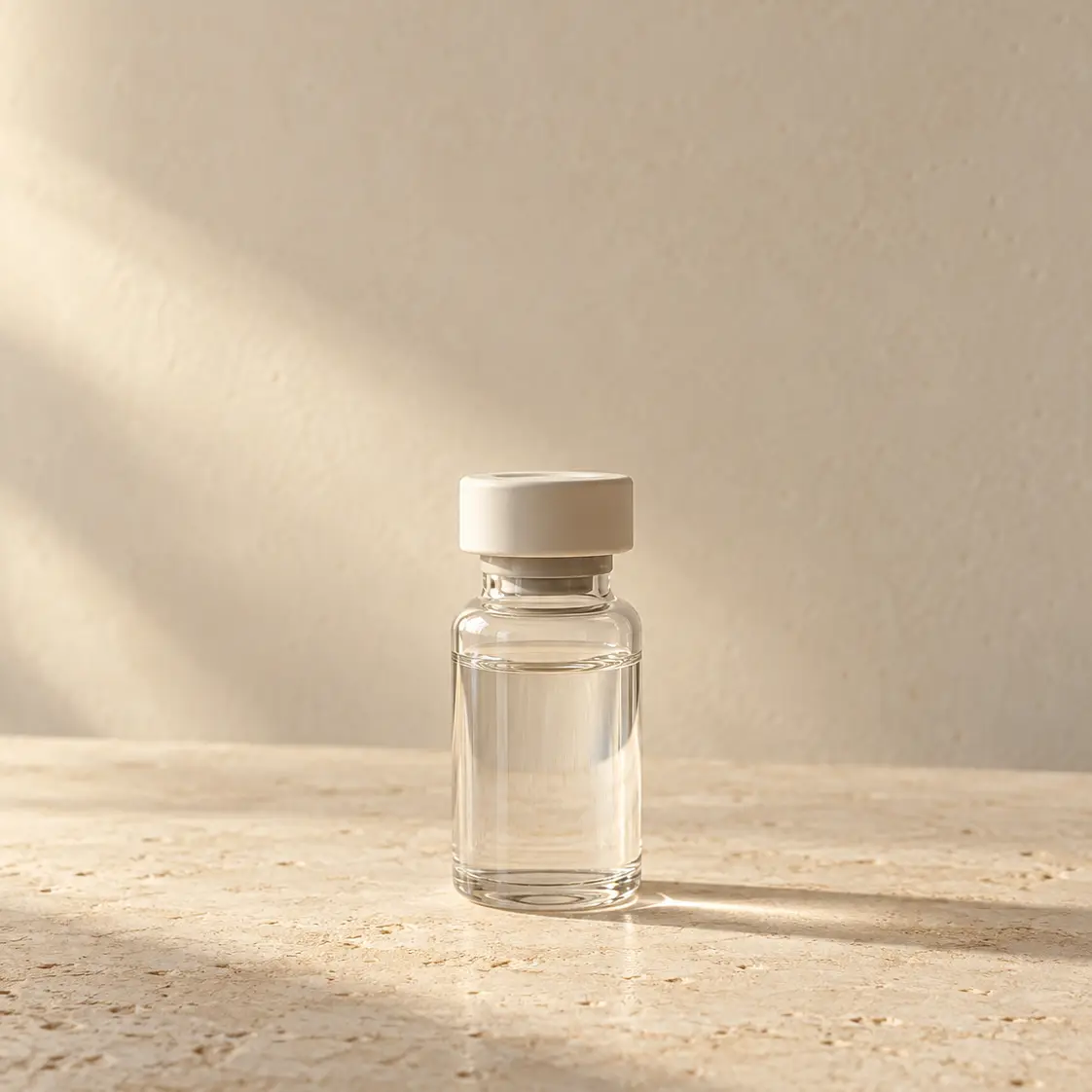 Small unlabeled glass vial on a warm limestone surface
