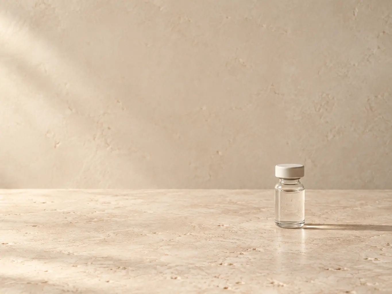 Small unlabeled glass vial on a warm limestone surface