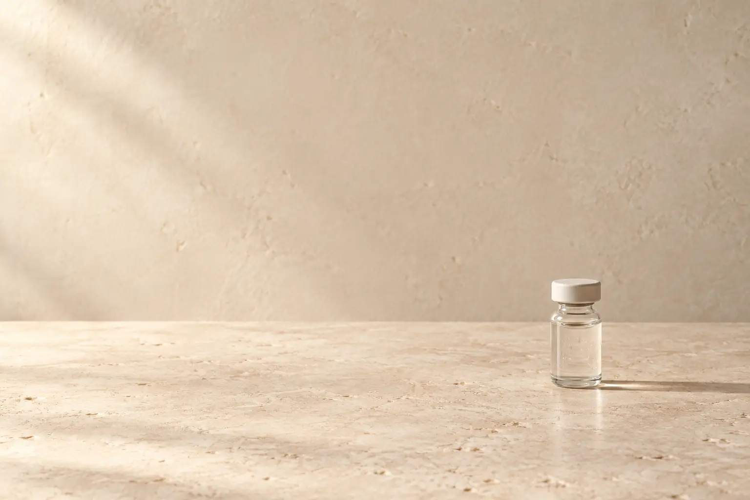 Small unlabeled glass vial on a warm limestone surface
