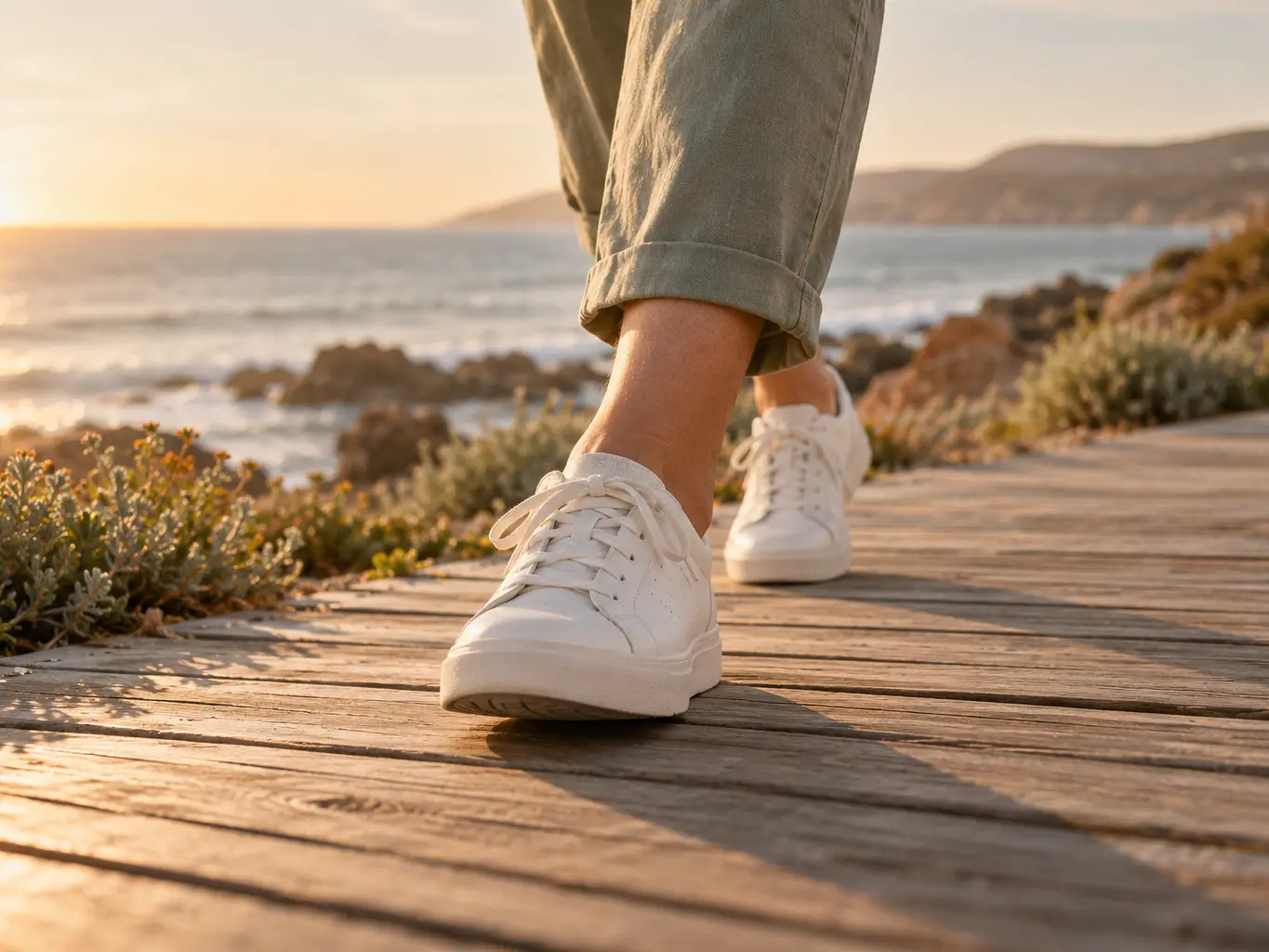 White sneakers on a boardwalk by the sea at sunrise