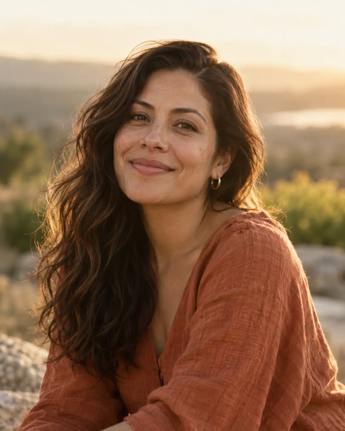 Woman smiling outdoors in golden-hour light
