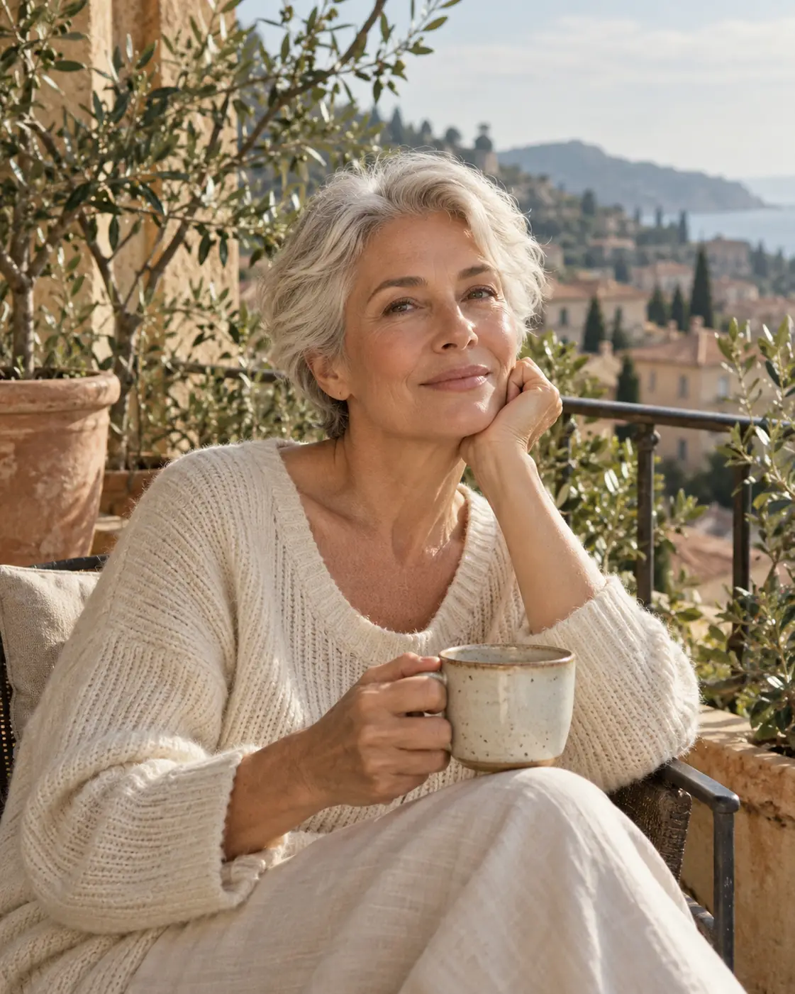 Woman with silver hair holding a coffee cup on a sunny balcony